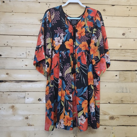Johnny Was Jade Gia Mini Dress Large Silk Floral Kimono Sleeves Tassels